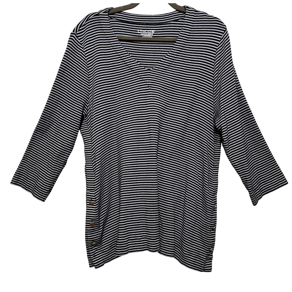 Chico's Black White Striped Pima Cotton V-Neck Top Gold‎ Button Detail Size 3/XL